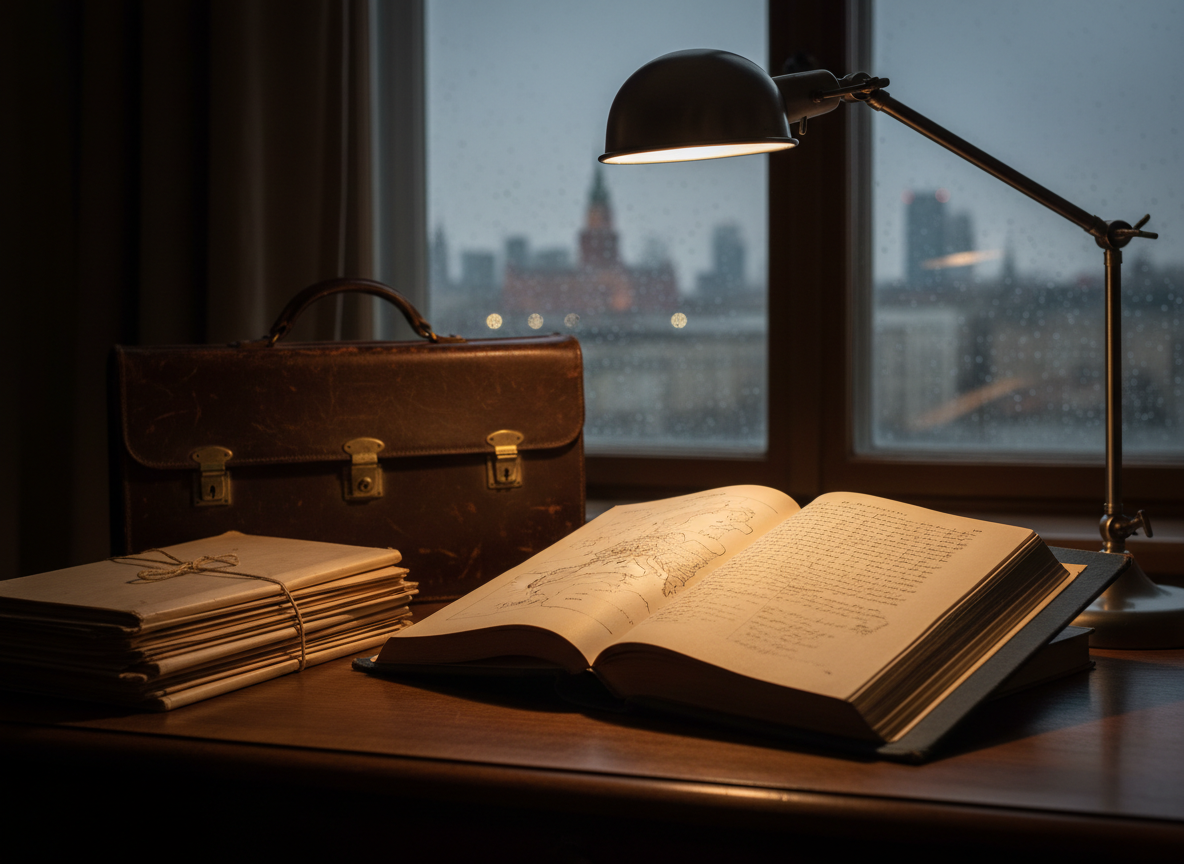 A heavy, cloth-bound history manuscript lying open on a dark walnut desk, its cream-colored pages filled with dense, handwritten notes and faint pencil diagrams of WWII battlefronts. Around it sit neatly stacked archival folders, a worn leather briefcase, and a vintage steel desk lamp. The lamp casts a focused cone of warm light, leaving the rest of the study in soft shadow, with a blurred skyline of Warsaw and Berlin suggested through a rain-speckled window. Photographic realism at eye-level, with shallow depth of field highlighting the texture of paper and leather, creating an atmosphere of intellectual intensity and quiet, sophisticated contemplation.