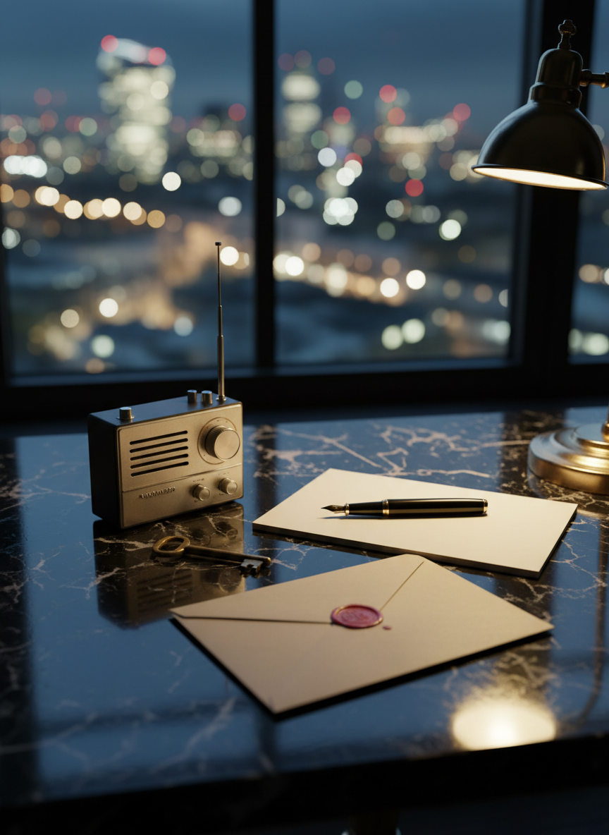 A polished black marble tabletop holding a carefully arranged still life of intelligence-era artifacts: a compact shortwave radio receiver, a plain metal key, a blank notepad, and a nondescript, unbranded envelope sealed shut. Reflections ripple subtly across the marble surface. Behind, a large window reveals a softly blurred night view of modern London’s skyline, its lights forming bokeh orbs. Cool moonlight mingles with a single warm desk lamp, creating a cinematic, noir-like contrast. Photographic realism from a low, close-up angle, emphasizing textures of metal, paper, and stone, evoking a mood of sophisticated suspense and timeless espionage narratives.