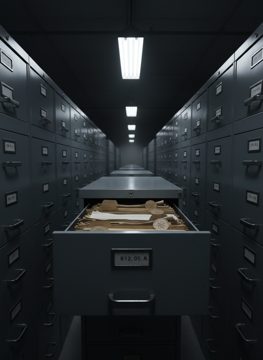 A dimly lit archival room with rows of steel filing cabinets stretching into the background, each drawer labeled with discreet numeric codes instead of names. In the foreground, an open drawer reveals meticulously organized WWII intelligence files, their paper slightly warped with age, sealed by neutral wax stamps. A single overhead fluorescent light casts stark, linear highlights along the metal surfaces, creating a high-contrast interplay of light and shadow. Photographic realism with a centered, eye-level composition and deep focus, evoking an atmosphere of secrecy, methodical analysis, and the hidden architectures behind international spy networks.