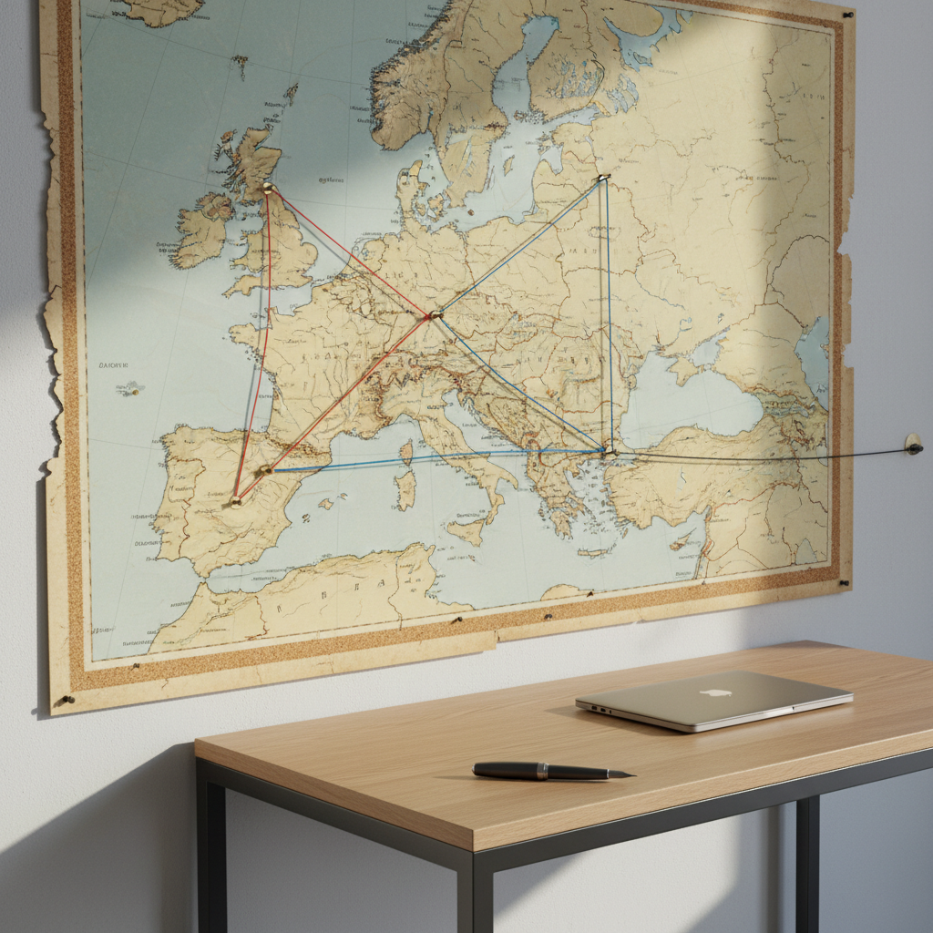 A large wall map of Europe in 1945, printed on slightly yellowed paper with frayed edges, pinned to a corkboard above a minimalist metal-and-oak writing table. Colored string traces secret routes between Warsaw, Berlin, London, and New York, anchored by small, unmarked metal pins. A sleek fountain pen rests beside a closed laptop, bridging past and present. Cool, diffused light from an unseen window creates soft reflections on the map’s surface and gentle shadows on the table. Photographic realism, shot from a three-quarter angle, with balanced composition that feels analytical, sophisticated, and steeped in post-war geopolitical intrigue.